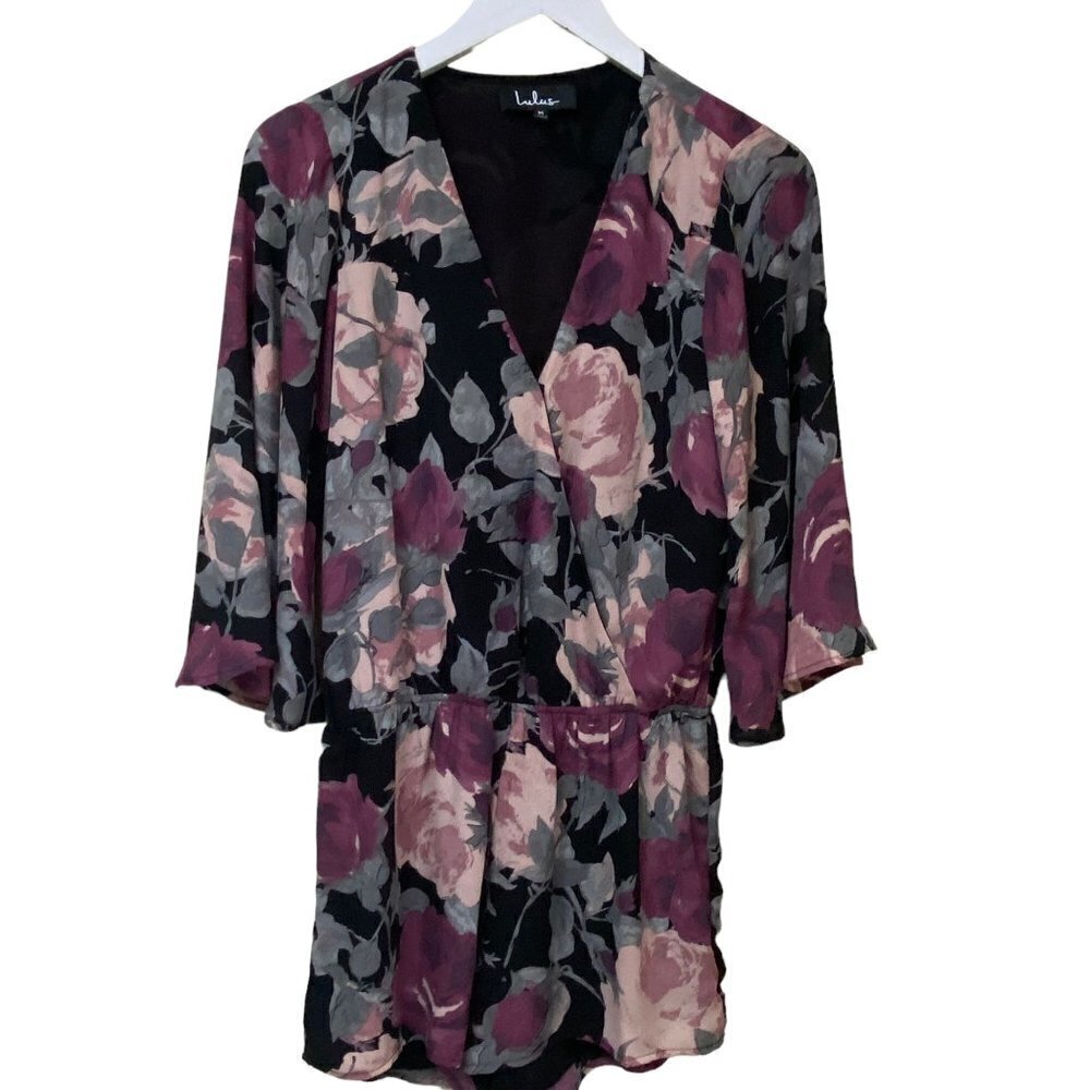 Lulu's Black Floral Wrap Romper with Plum & Blush Roses